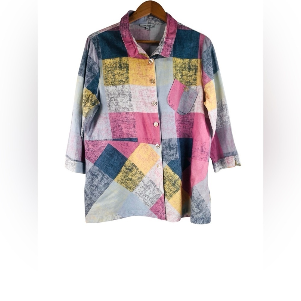 John Mark Button Front Patchwork Top Tilted Pockets Wired Collar Multicolor L